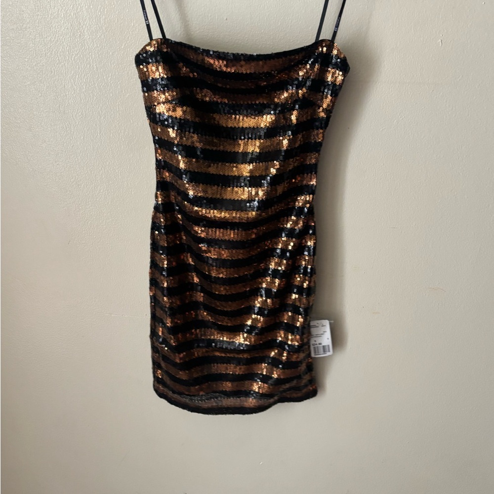 Forever 21 Black and Bronze Sequin Striped Dress.